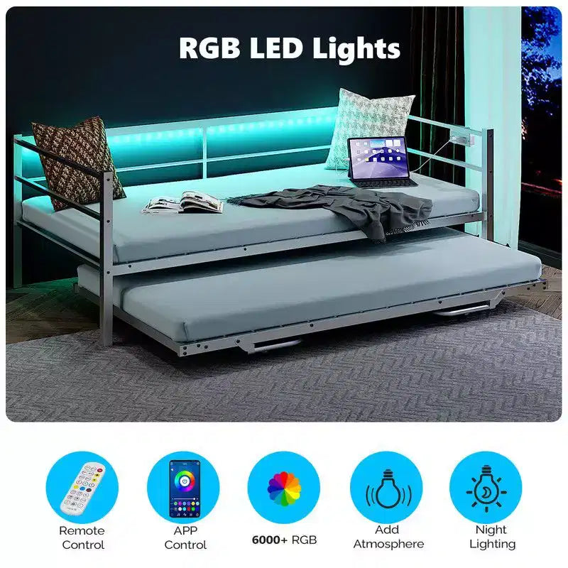 Lit de repos en métal robuste Karl Home de taille double avec lit gigogne escamotable, aucun sommier tapissier requis, blanc