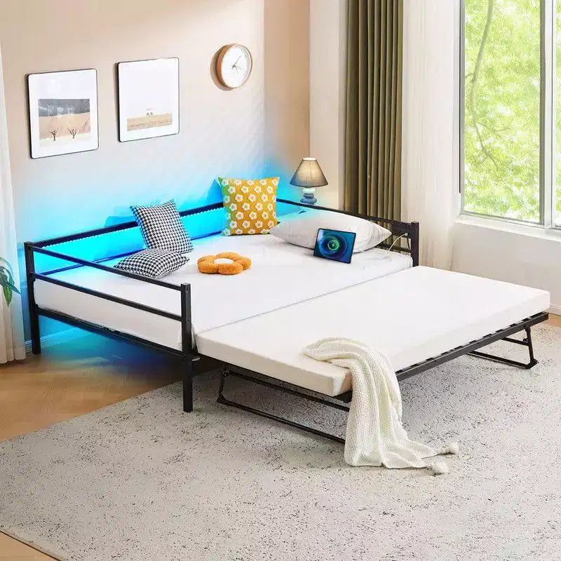 Lit de repos en métal robuste Karl Home de taille double avec lit gigogne escamotable, aucun sommier tapissier requis, blanc