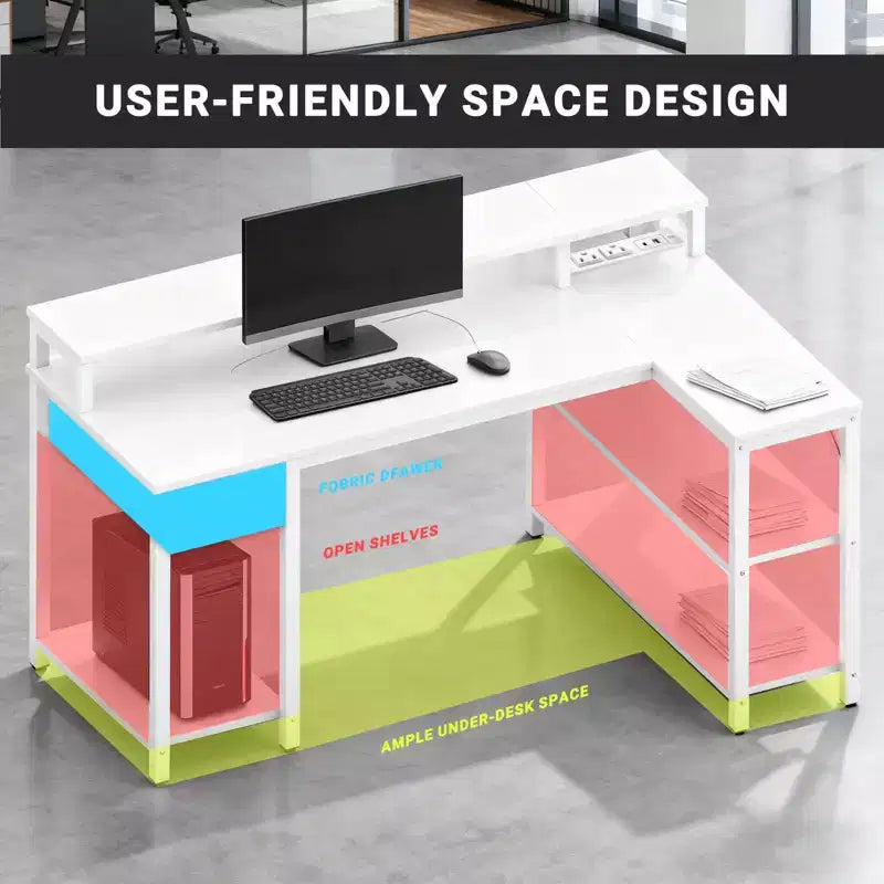 Bureau gaming en L Bestier avec lumières LED RVB, station de chargement USB, prise électrique, support d'écran et étagères de rangement