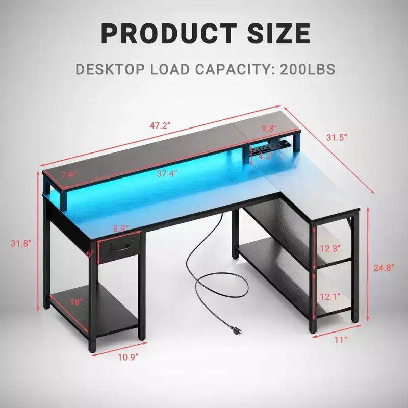 Bureau gaming en L Bestier avec lumières LED RVB, station de chargement USB, prise électrique, support d'écran et étagères de rangement