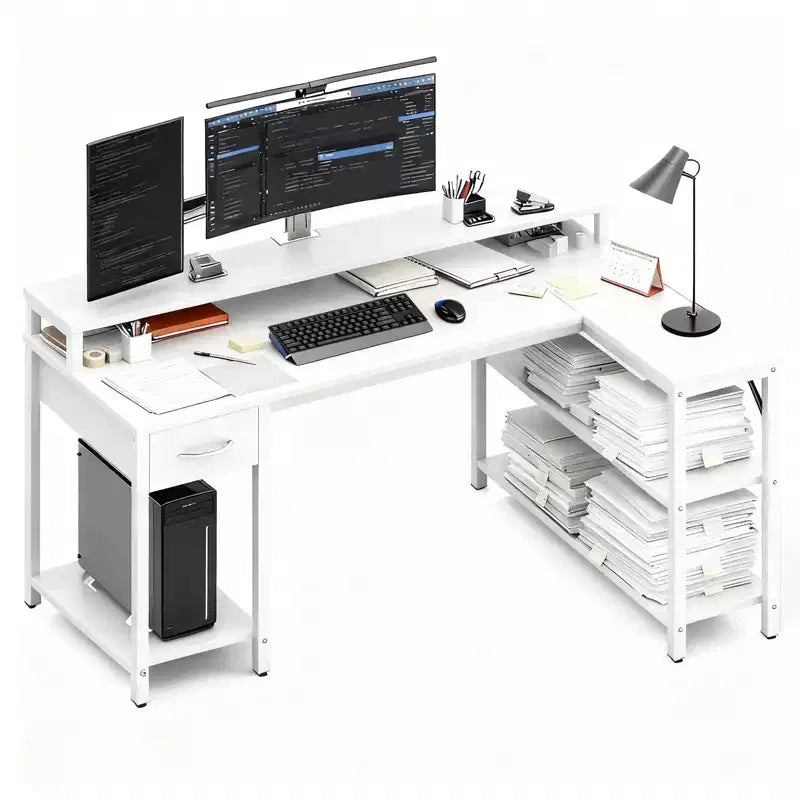 Bureau gaming en L Bestier avec lumières LED RVB, station de chargement USB, prise électrique, support d'écran et étagères de rangement
