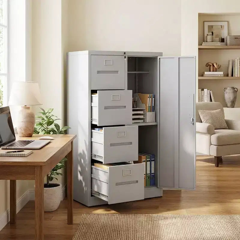 VIYET 52 Meuble de rangement en métal à 4 tiroirs et 1 porte avec serrure - Classeur vertical en acier blanc pour la maison, le bureau, l'école et le salon