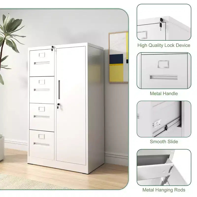 VIYET 52 Meuble de rangement en métal à 4 tiroirs et 1 porte avec serrure - Classeur vertical en acier blanc pour la maison, le bureau, l'école et le salon
