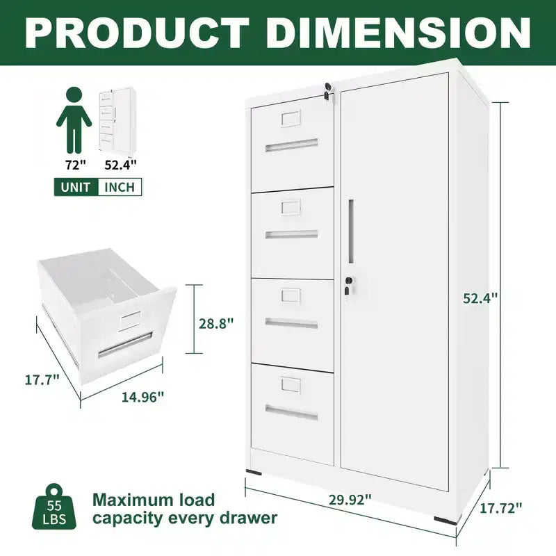 VIYET 52 Meuble de rangement en métal à 4 tiroirs et 1 porte avec serrure - Classeur vertical en acier blanc pour la maison, le bureau, l'école et le salon