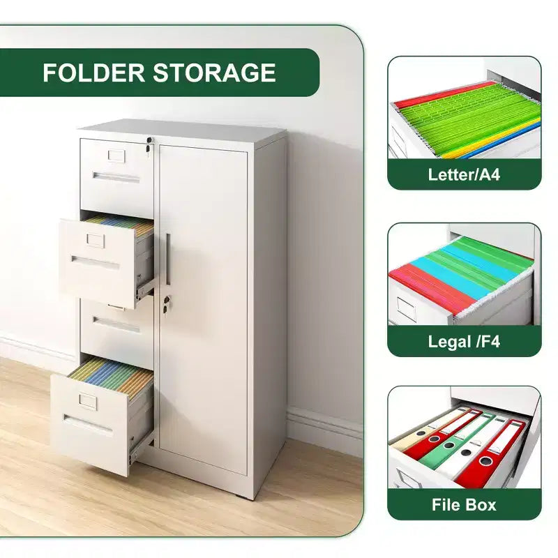 VIYET 52 Meuble de rangement en métal à 4 tiroirs et 1 porte avec serrure - Classeur vertical en acier blanc pour la maison, le bureau, l'école et le salon