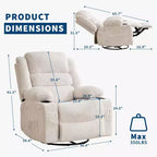 Fauteuil inclinable pivotant à 360° pour adultes, fauteuil relax manuel avec 3 positions, 2 porte-gobelets, 4 poches pour chambre de bébé, salon, chambre à coucher