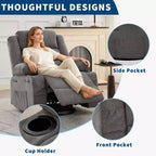 Fauteuil inclinable pivotant à 360° pour adultes, fauteuil relax manuel avec 3 positions, 2 porte-gobelets, 4 poches pour chambre de bébé, salon, chambre à coucher