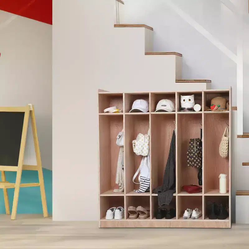 5 Bin 10 Cubby Storage Locker for Classroom and Home, Unfinished Wood Coat Backpack Organizer with Metal Frame for Kids