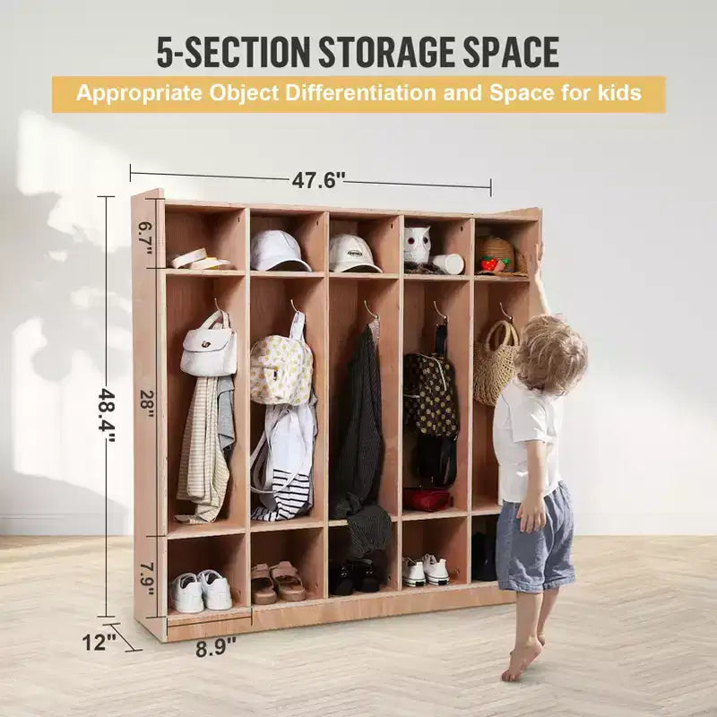 Casier de rangement à 5 bacs et 10 casiers pour salle de classe et la maison, organisateur de manteaux et de sacs à dos en bois non fini avec cadre métallique pour enfants