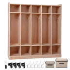 Casier de rangement à 5 bacs et 10 casiers pour salle de classe et la maison, organisateur de manteaux et de sacs à dos en bois non fini avec cadre métallique pour enfants