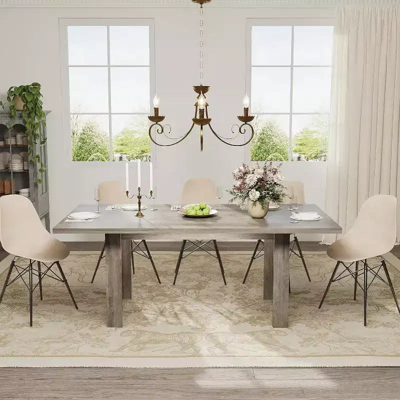 71 Grande Table à Manger pour 6-8 Personnes, Table de Cuisine en Bois Style Ferme avec Pieds Triangulaires Robustes, Plateau Épais Rectangulaire, Base Résistante pour Salle à Manger