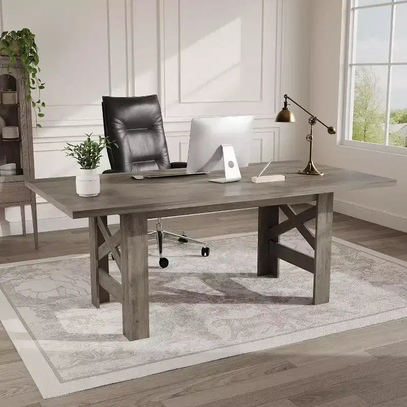 71 Grande Table à Manger pour 6-8 Personnes, Table de Cuisine en Bois Style Ferme avec Pieds Triangulaires Robustes, Plateau Épais Rectangulaire, Base Résistante pour Salle à Manger