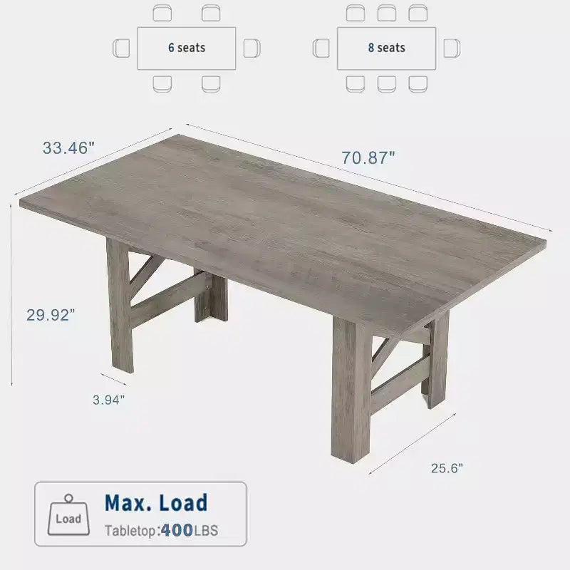 71 Grande Table à Manger pour 6-8 Personnes, Table de Cuisine en Bois Style Ferme avec Pieds Triangulaires Robustes, Plateau Épais Rectangulaire, Base Résistante pour Salle à Manger