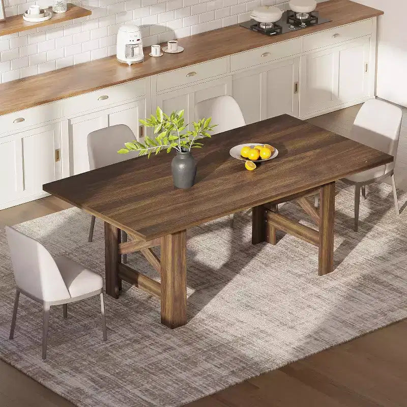 71 Grande Table à Manger pour 6-8 Personnes, Table de Cuisine en Bois Style Ferme avec Pieds Triangulaires Robustes, Plateau Épais Rectangulaire, Base Résistante pour Salle à Manger
