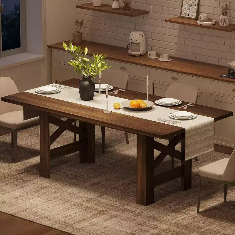 71 Grande Table à Manger pour 6-8 Personnes, Table de Cuisine en Bois Style Ferme avec Pieds Triangulaires Robustes, Plateau Épais Rectangulaire, Base Résistante pour Salle à Manger