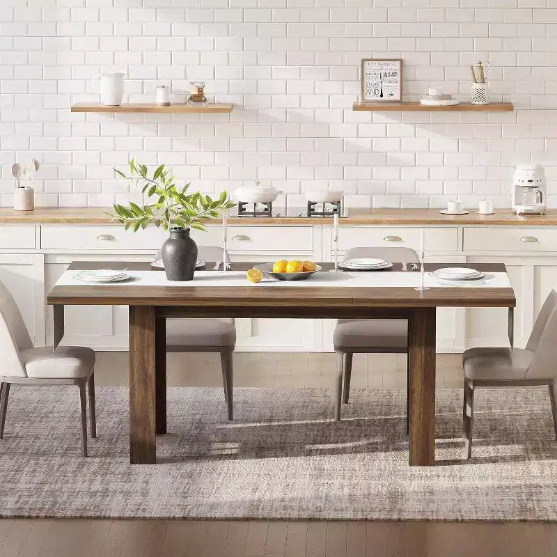 71 Grande Table à Manger pour 6-8 Personnes, Table de Cuisine en Bois Style Ferme avec Pieds Triangulaires Robustes, Plateau Épais Rectangulaire, Base Résistante pour Salle à Manger