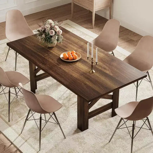71 Large Dining Table for 6-8, Farmhouse Wooden Kitchen Table with Sturdy Triangular Legs, Thick Rectangle Tabletop, Heavy-Duty Base for Dining Room