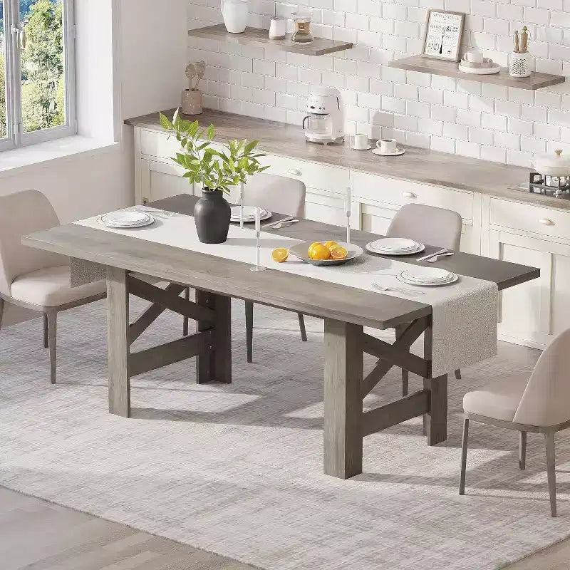 71 Grande Table à Manger pour 6-8 Personnes, Table de Cuisine en Bois Style Ferme avec Pieds Triangulaires Robustes, Plateau Épais Rectangulaire, Base Résistante pour Salle à Manger