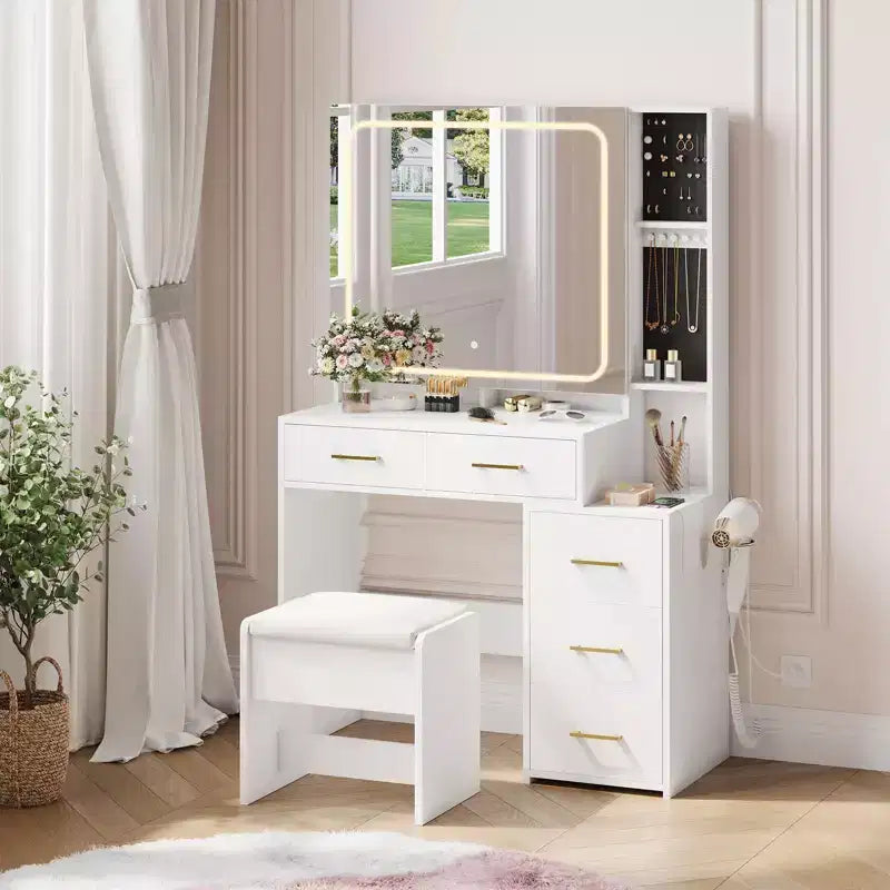 Coiffeuse avec miroir et lumières, Ensemble de coiffeuse avec 5 tiroirs, tabouret, prise de courant, 3 modes d'éclairage avec luminosité réglable