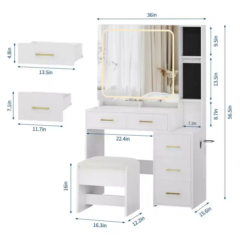 Coiffeuse avec miroir et lumières, Ensemble de coiffeuse avec 5 tiroirs, tabouret, prise de courant, 3 modes d'éclairage avec luminosité réglable