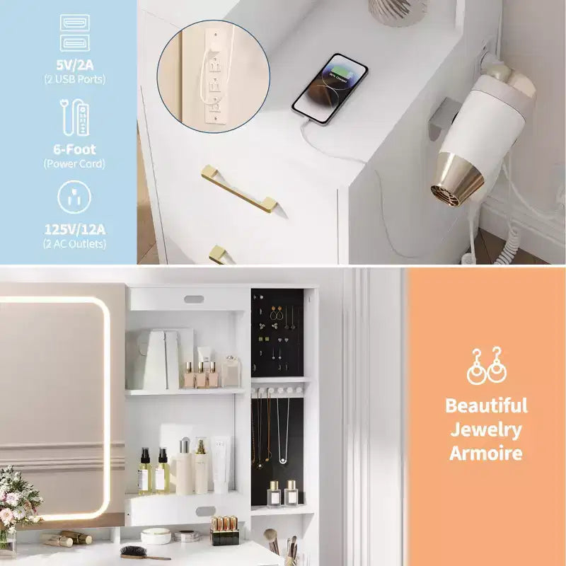 Coiffeuse avec miroir et lumières, Ensemble de coiffeuse avec 5 tiroirs, tabouret, prise de courant, 3 modes d'éclairage avec luminosité réglable