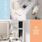 Coiffeuse avec miroir et lumières, Ensemble de coiffeuse avec 5 tiroirs, tabouret, prise de courant, 3 modes d'éclairage avec luminosité réglable