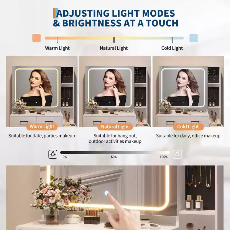 Coiffeuse avec miroir et lumières, Ensemble de coiffeuse avec 5 tiroirs, tabouret, prise de courant, 3 modes d'éclairage avec luminosité réglable