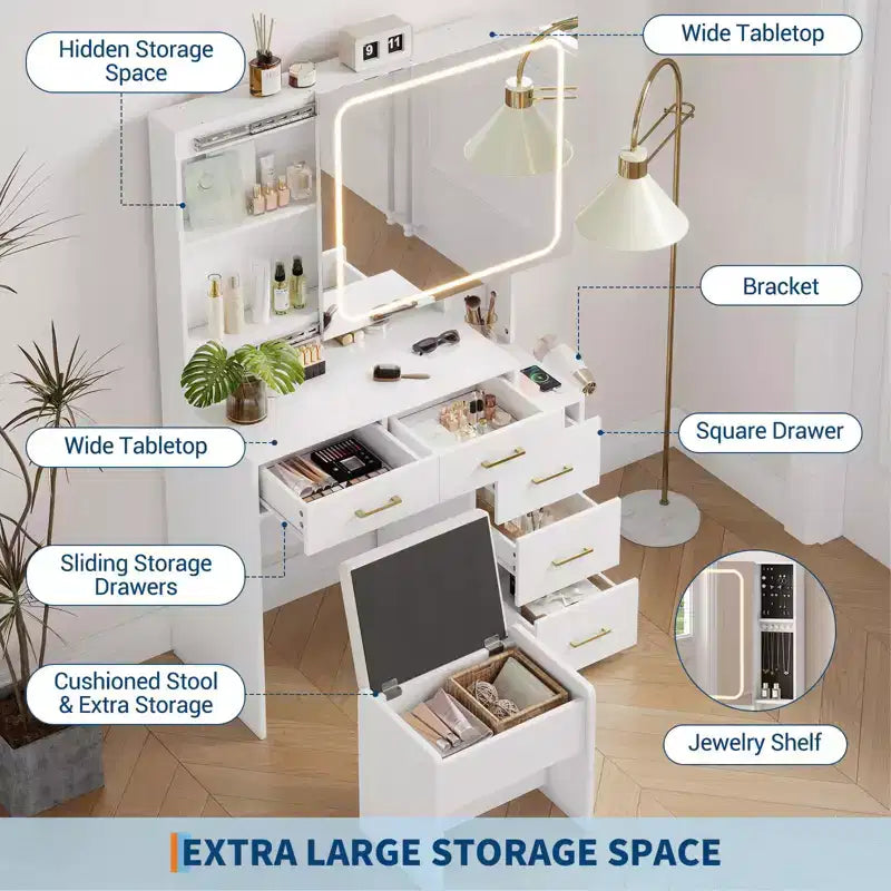 Coiffeuse avec miroir et lumières, Ensemble de coiffeuse avec 5 tiroirs, tabouret, prise de courant, 3 modes d'éclairage avec luminosité réglable