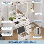 Coiffeuse avec miroir et lumières, Ensemble de coiffeuse avec 5 tiroirs, tabouret, prise de courant, 3 modes d'éclairage avec luminosité réglable