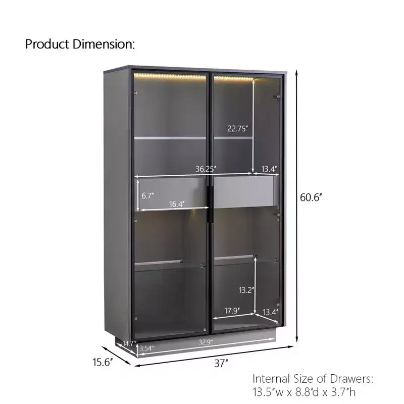 Vitrine autoportante en verre de 154 cm, bibliothèque avec 2 tiroirs de rangement, garde-manger avec éclairage LED et étagères réglables, pour couloirs et cuisine
