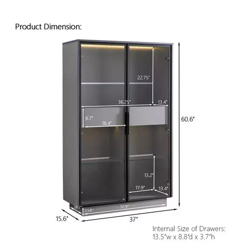 Vitrine autoportante en verre de 154 cm, bibliothèque avec 2 tiroirs de rangement, garde-manger avec éclairage LED et étagères réglables, pour couloirs et cuisine