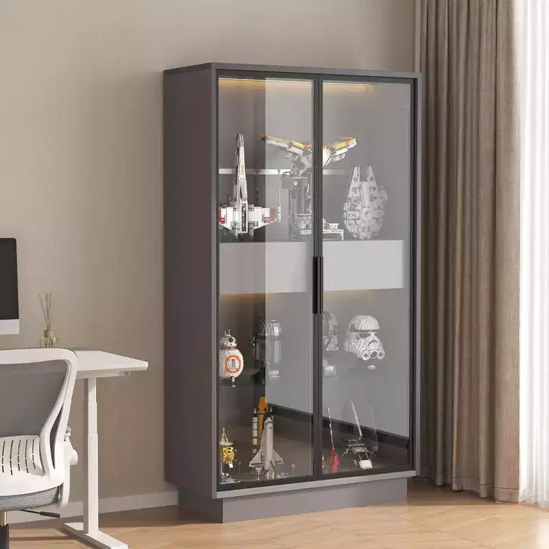 Vitrine autoportante en verre de 154 cm, bibliothèque avec 2 tiroirs de rangement, garde-manger avec éclairage LED et étagères réglables, pour couloirs et cuisine