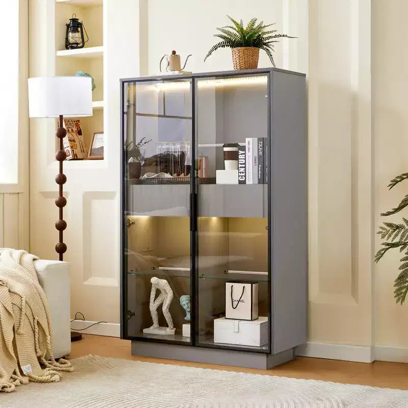 Vitrine autoportante en verre de 154 cm, bibliothèque avec 2 tiroirs de rangement, garde-manger avec éclairage LED et étagères réglables, pour couloirs et cuisine