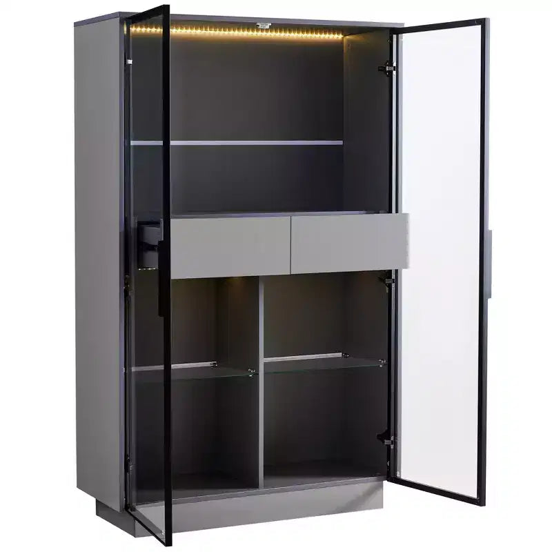 Vitrine autoportante en verre de 154 cm, bibliothèque avec 2 tiroirs de rangement, garde-manger avec éclairage LED et étagères réglables, pour couloirs et cuisine