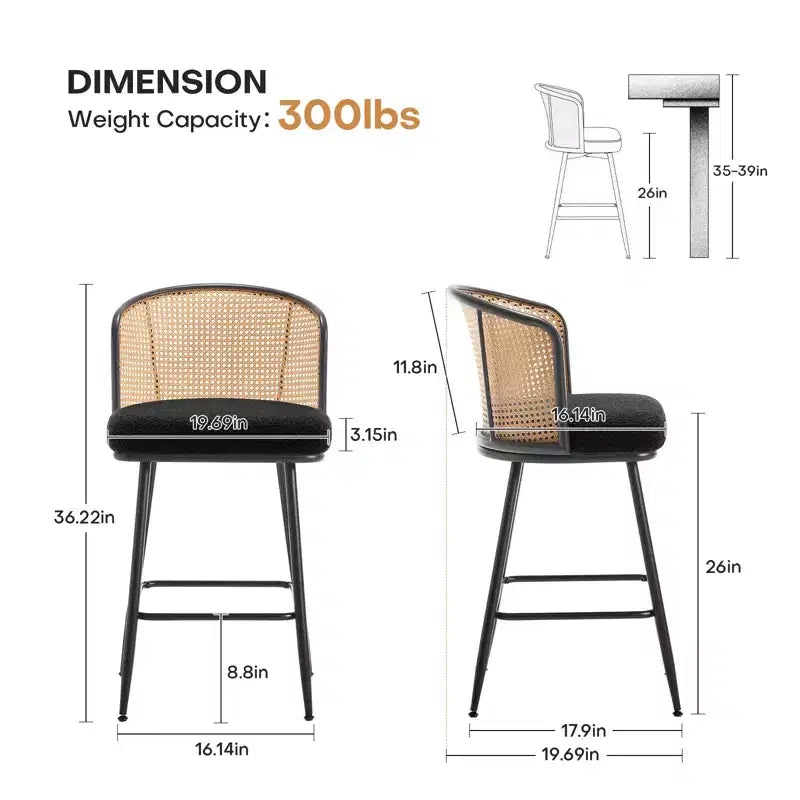 Bekrvio Lot de 2/3/4 tabourets de bar avec dossier en rotin, assise rembourrée, cadre en métal et repose-pieds, chaises de bar modernes pour îlot de cuisine, bar à domicile.