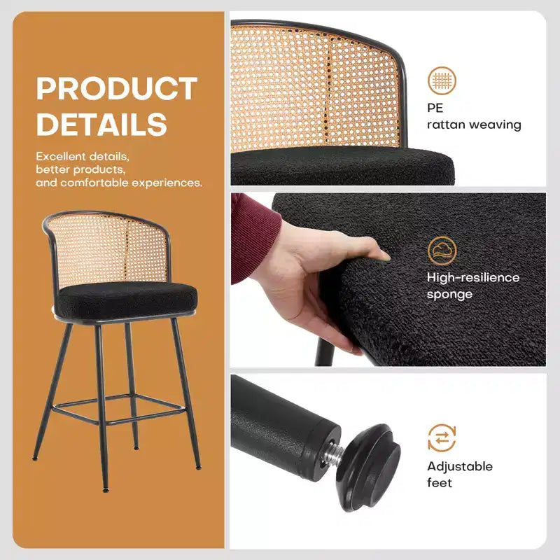 Bekrvio Lot de 2/3/4 tabourets de bar avec dossier en rotin, assise rembourrée, cadre en métal et repose-pieds, chaises de bar modernes pour îlot de cuisine, bar à domicile.