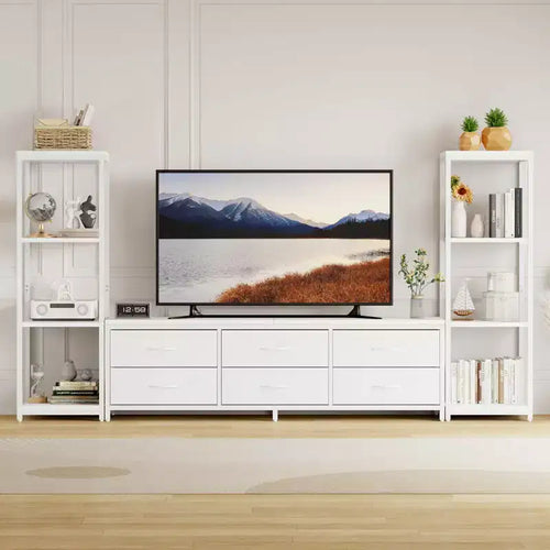 Acekool TV Stand for 75 Inch TV, Modern Entertainment Center with LED Lights, Power Outlets, 6 Drawers & Bookshelves, Black
