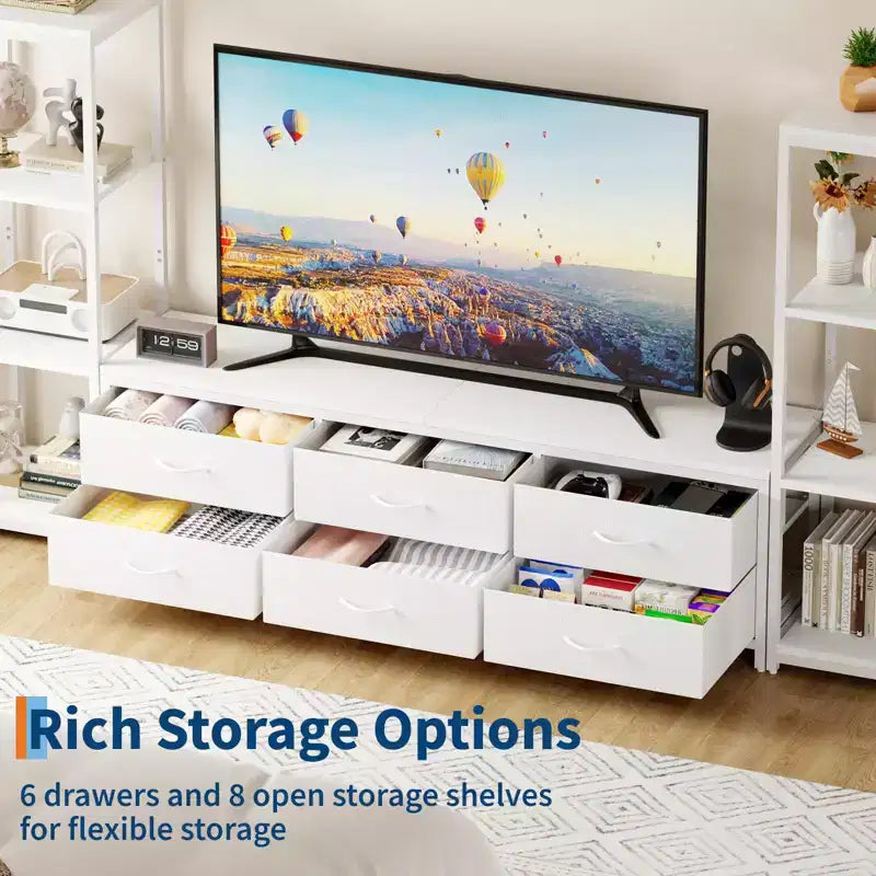 Meuble TV Acekool pour téléviseur de 75 pouces, meuble de divertissement moderne avec lumières LED, prises de courant, 6 tiroirs et étagères, noir