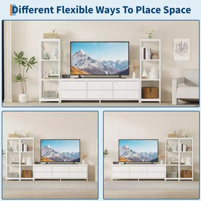 Meuble TV Acekool pour téléviseur de 75 pouces, meuble de divertissement moderne avec lumières LED, prises de courant, 6 tiroirs et étagères, noir