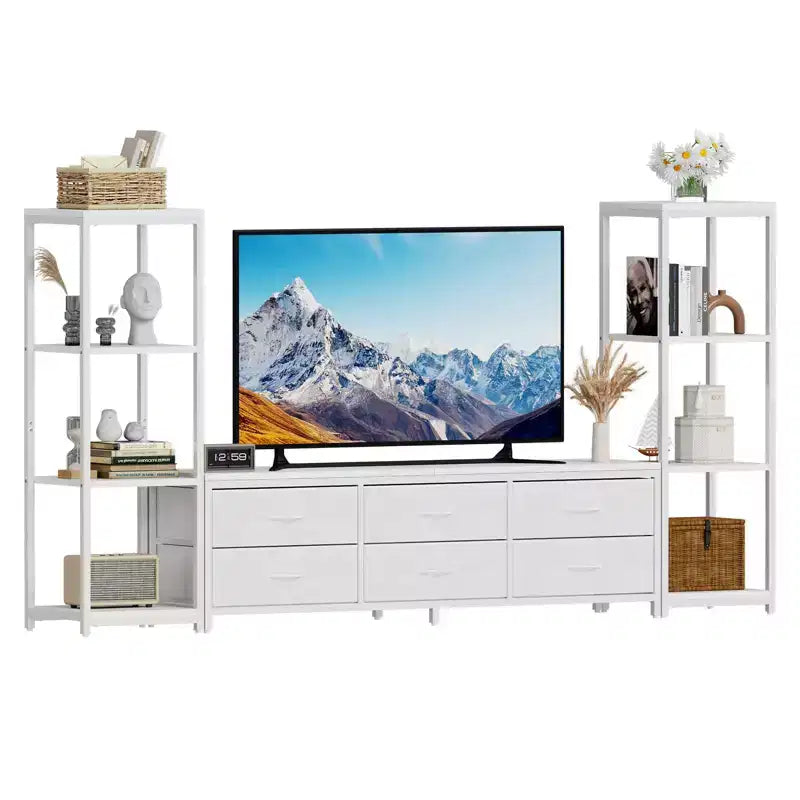 Meuble TV Acekool pour téléviseur de 75 pouces, meuble de divertissement moderne avec lumières LED, prises de courant, 6 tiroirs et étagères, noir