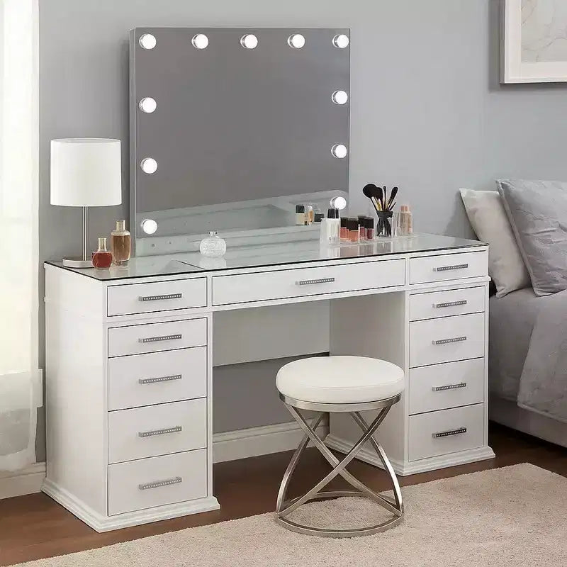 Coiffeuse 3 pièces Royal Hamton avec miroir LED, plateau en verre, tabouret rembourré, blanc
