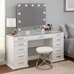 Coiffeuse 3 pièces Royal Hamton avec miroir LED, plateau en verre, tabouret rembourré, blanc