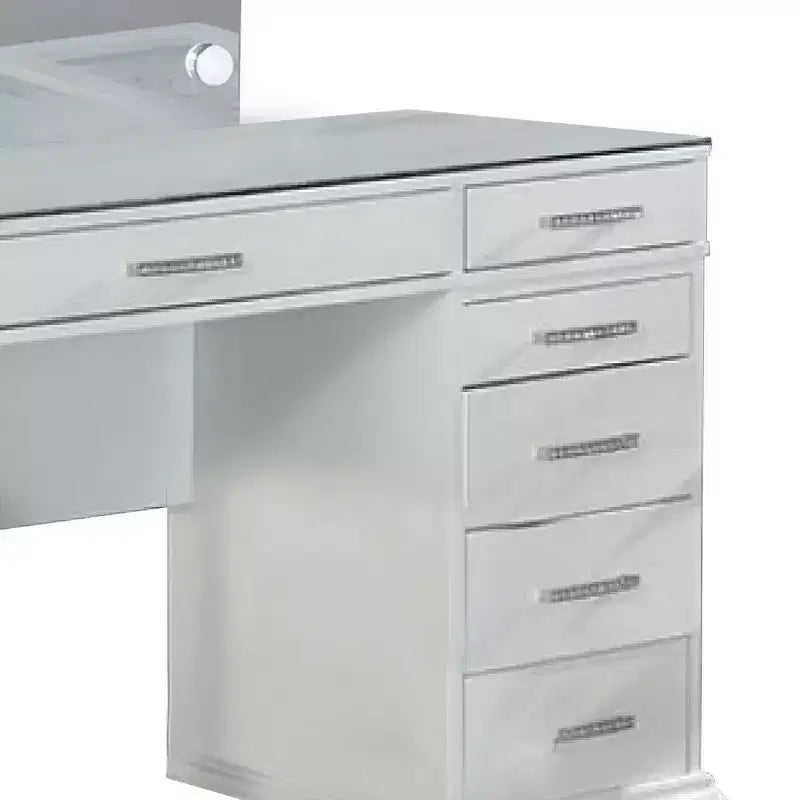 Coiffeuse 3 pièces Royal Hamton avec miroir LED, plateau en verre, tabouret rembourré, blanc