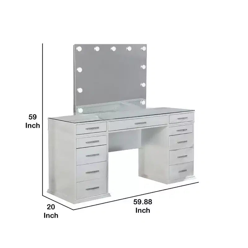 Coiffeuse 3 pièces Royal Hamton avec miroir LED, plateau en verre, tabouret rembourré, blanc