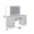 Coiffeuse 3 pièces Royal Hamton avec miroir LED, plateau en verre, tabouret rembourré, blanc