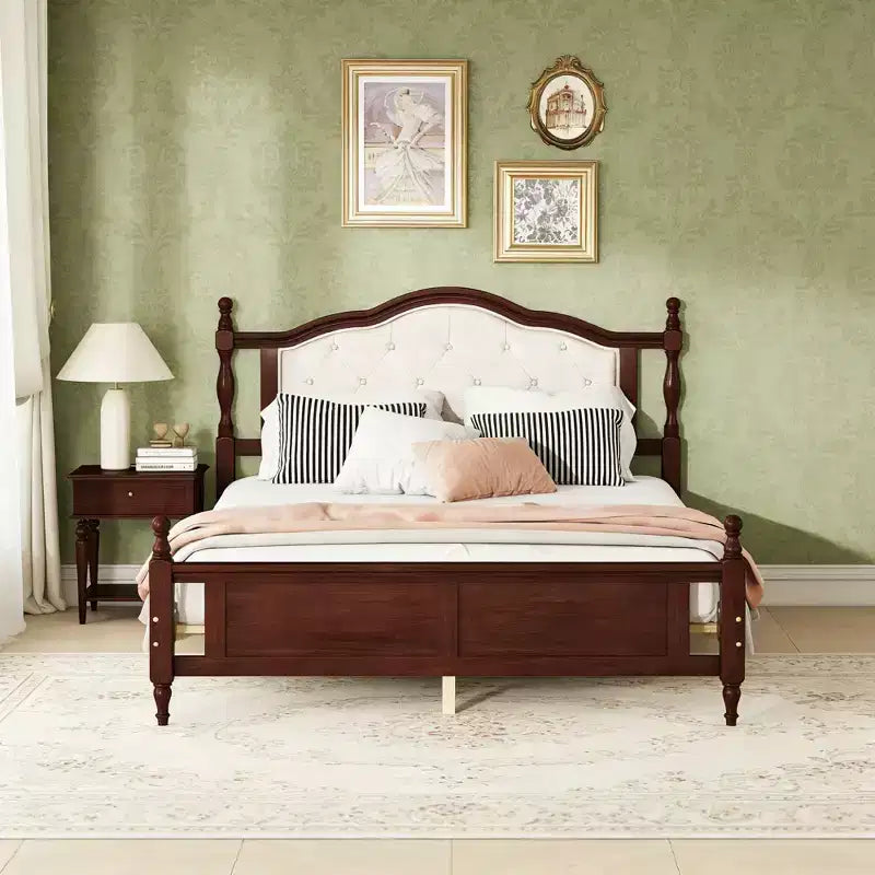 Lit plateforme vintage queen size Luxystar avec tête de lit capitonnée et pied de lit à panneaux