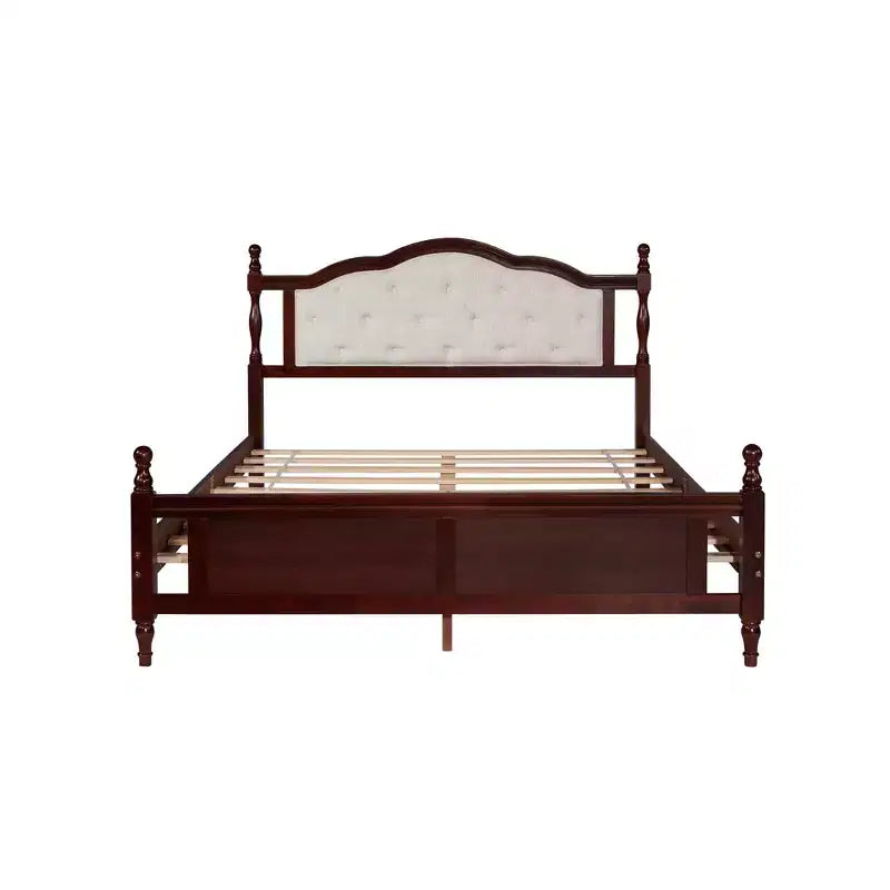 Lit plateforme vintage queen size Luxystar avec tête de lit capitonnée et pied de lit à panneaux