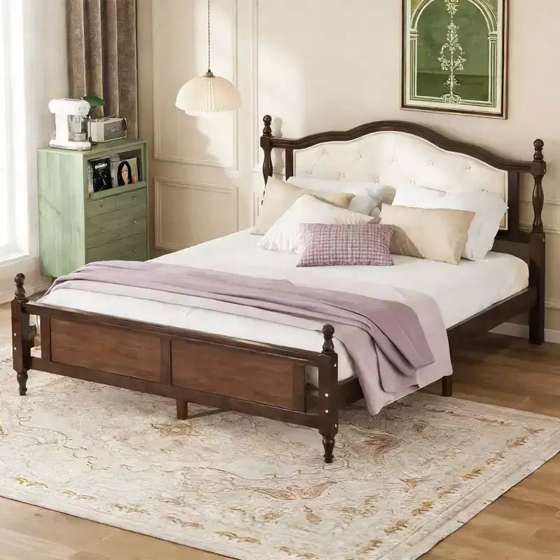 Lit plateforme vintage queen size Luxystar avec tête de lit capitonnée et pied de lit à panneaux