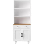 Armoire de cuisine haute avec comptoir et tiroirs, étagère à 5 niveaux avec tablettes réglables et pieds en forme de calebasse pour bureau à domicile