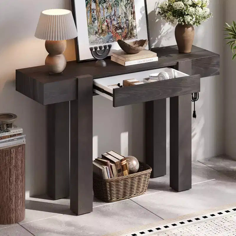 Console rustique minimaliste GDFStudio Sam 47.25 avec tiroir caché et prise de courant latérale